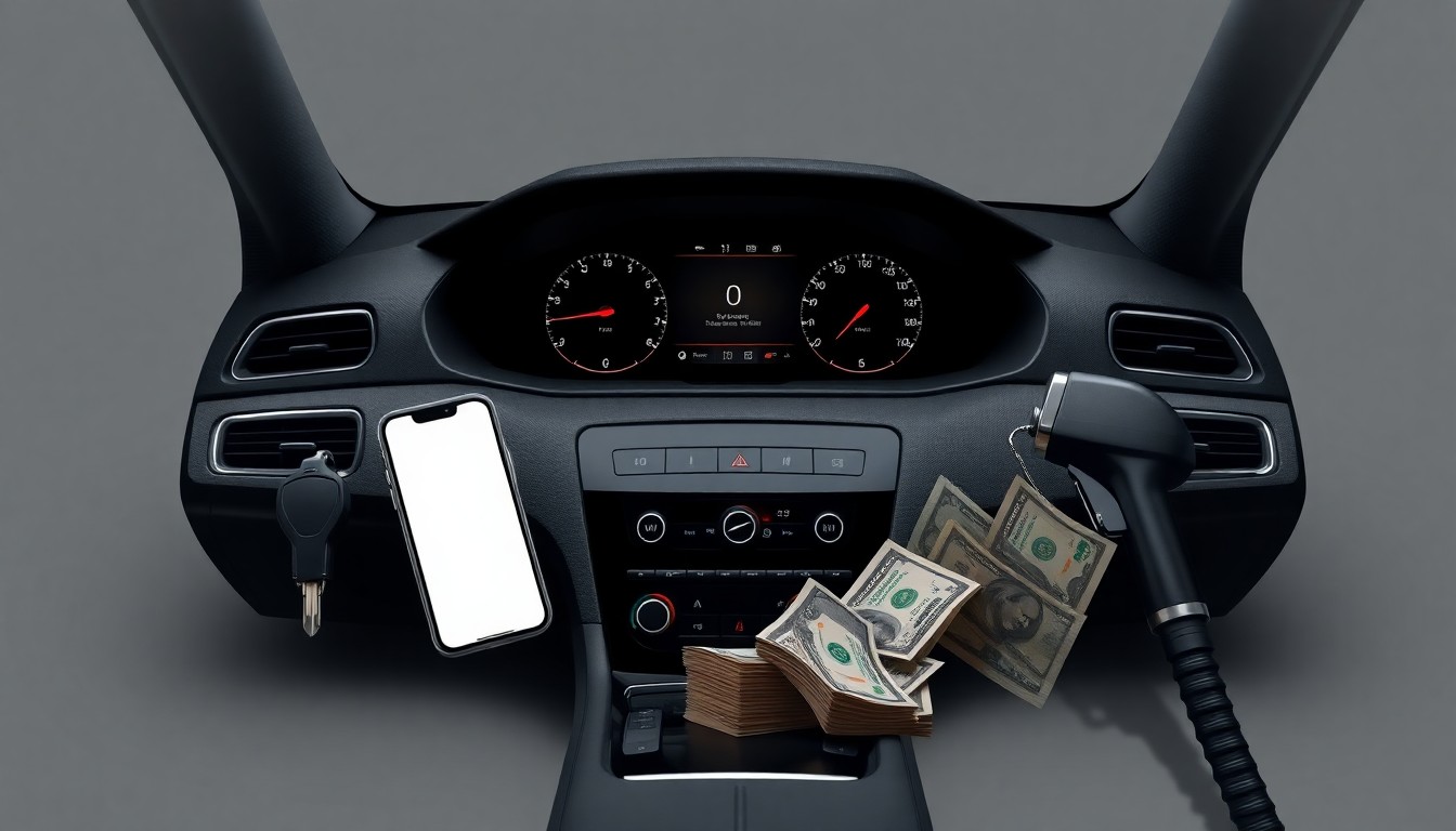 A high-end, photorealistic studio still-life photograph featuring a sleek car dashboard with a rideshare app open, surrounded by premium objects like a car key, fuel pump nozzle, and cash, all arranged elegantly on a clean, monochromatic grey background with dramatic lighting and deep shadows, conceptually representing the abstract corporate strategy and financial tensions behind the rideshare industry.