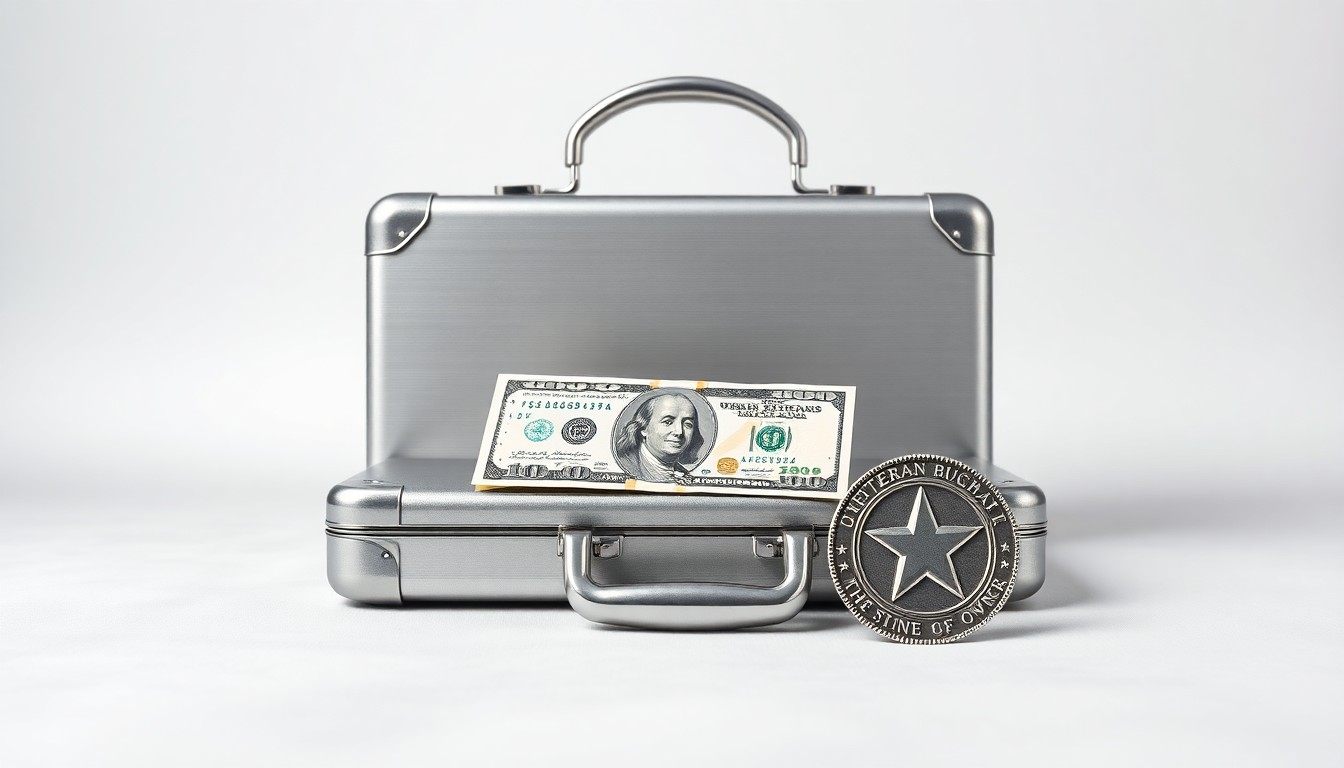 A high-end, photorealistic studio still-life photograph featuring a polished metal briefcase, a stack of crisp dollar bills, and a military challenge coin arranged elegantly on a clean, monochromatic background, conceptually representing the financial resources and entrepreneurial spirit of Veteran and Military Spouse small business owners.