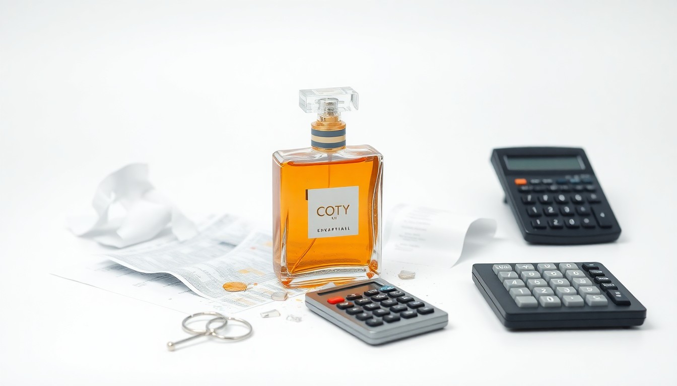 A photorealistic studio still life featuring a broken glass perfume bottle, a crumpled financial report, and a damaged calculator on a clean white background, symbolizing the financial troubles and alleged lack of transparency at Coty.