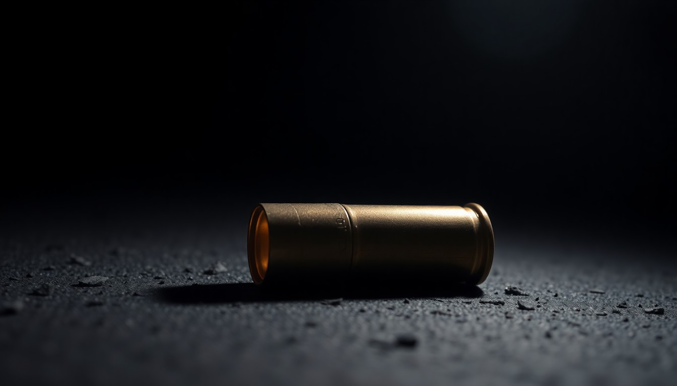 An extreme close-up photograph of a single spent shell casing on a dark, textured surface, conceptually illustrating the aftermath of a police shooting incident.