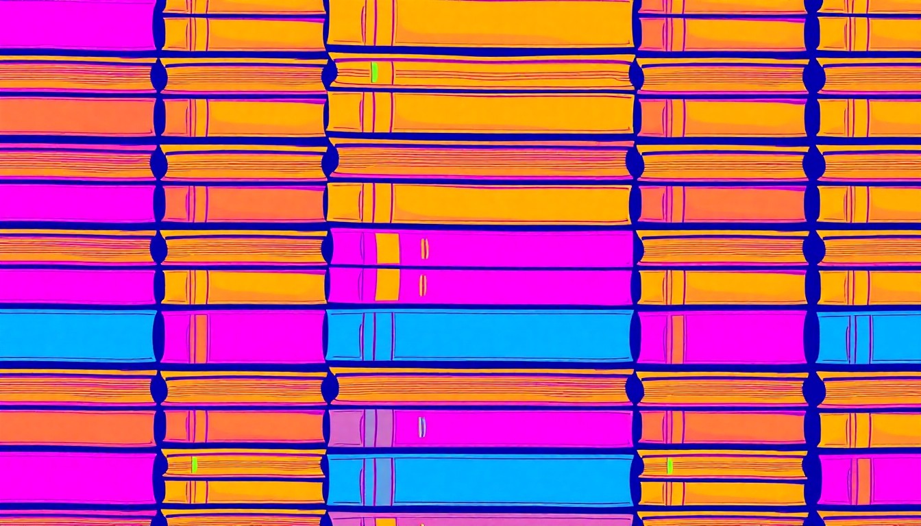 A bold, abstract silkscreen illustration featuring a repeating grid of colorful textbook shapes in shades of pink, yellow, and blue, capturing the financial pressures facing the Sisters School District.