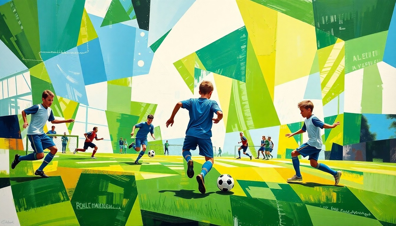 A dynamic, cubist-inspired illustration depicting the action and energy of a boys soccer match, with overlapping geometric shapes and planes of color representing the players, ball, and field.
