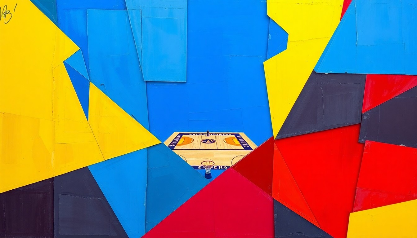 A cubist, geometric painting depicting a fragmented, multi-angled view of a college basketball game, with sharp planes of blue, yellow, and red conveying the excitement and energy of the championship matchup.