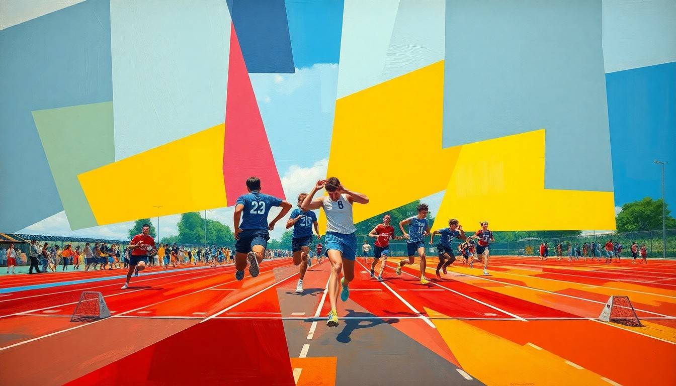A cubist-style painting depicting a high school track and field event, with the athletes and field broken down into overlapping geometric shapes in bright primary colors, conveying the dynamic energy and progress of the Miners' season.