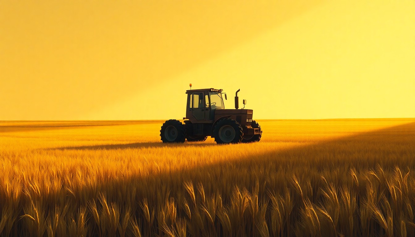 A serene, cinematic painting of a solitary tractor in a vast, golden wheat field, the tractor's form and the field's textures rendered in warm, muted tones and deep shadows, evoking a sense of the state's agricultural history and the complex policy debates surrounding its future.