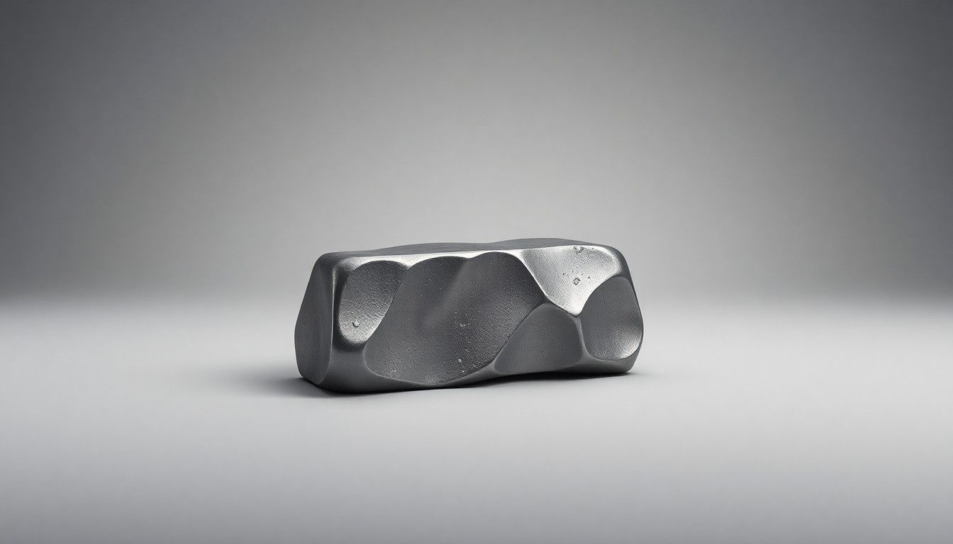 A highly detailed, photorealistic studio still-life image of a polished, geometric steel ingot or pellet sample resting on a clean, monochromatic background, symbolizing the advanced metallurgy and precision engineering behind modern steel production.