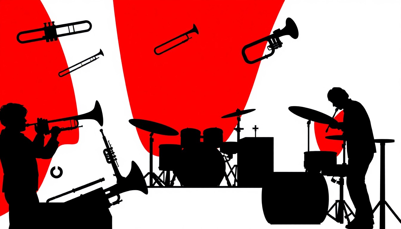 A minimalist, abstract illustration featuring bold black silhouettes of musical instruments like trumpets and drums set against a high-contrast background of solid red and white colors, conceptually representing the excellence of Clovis' school music programs.