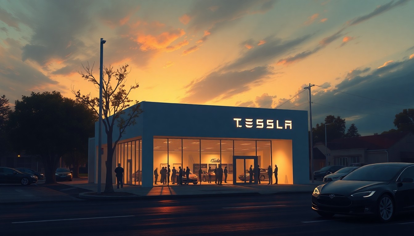 A serene, cinematic painting of a Tesla showroom in Palo Alto, with the building bathed in warm, diagonal sunlight and deep shadows, conceptually representing the civic protest against potential military action.