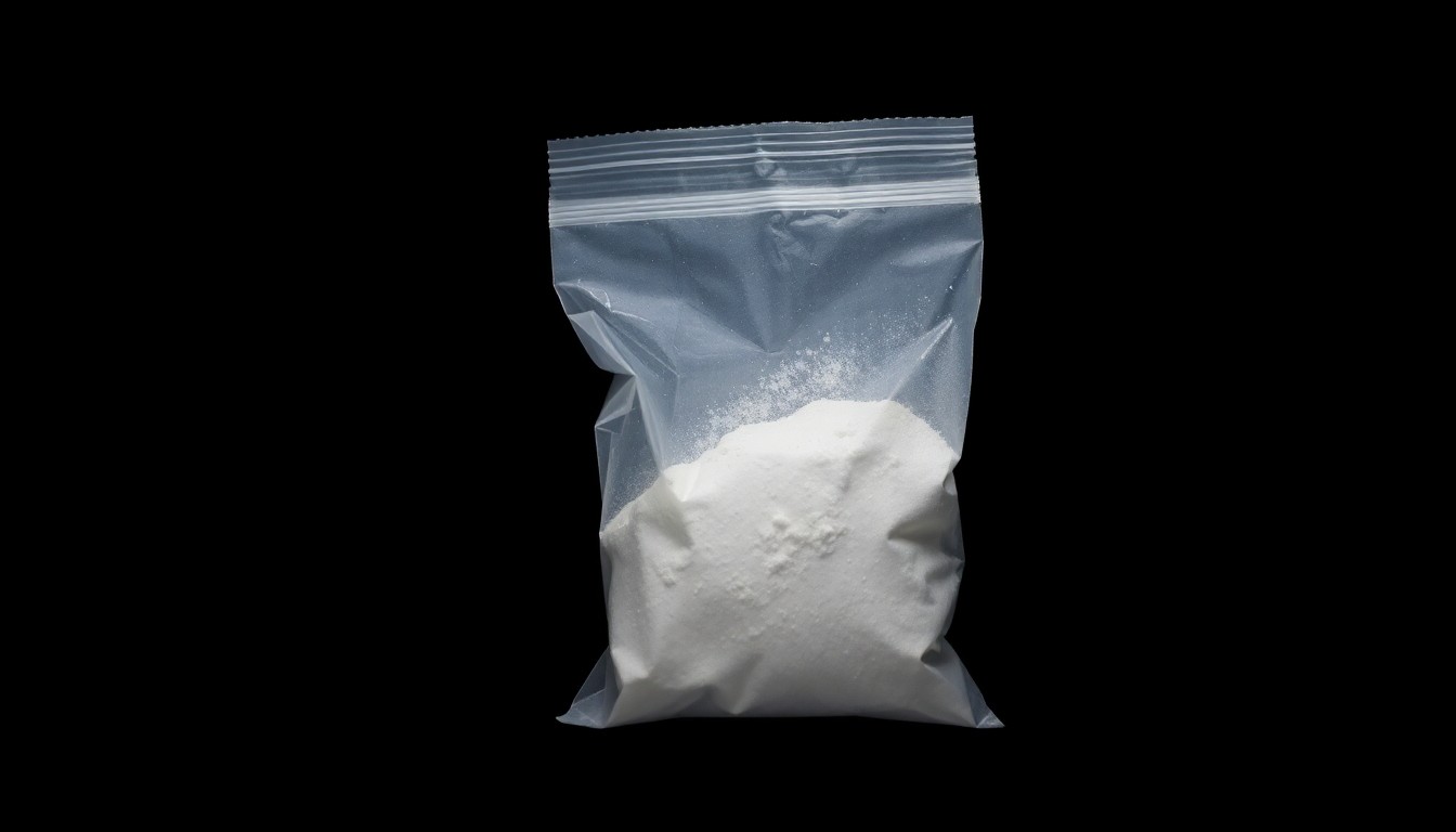 An extreme close-up photograph of a small plastic bag containing white powder, lit by a harsh, direct camera flash against a pitch-black background, conceptually representing the evidence seized in a drug-related arrest.