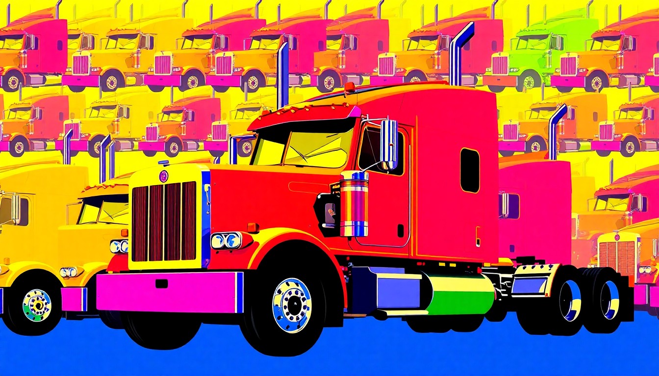 A brightly colored, high-contrast silkscreen print of a Kenworth semi-truck repeated in a tight grid pattern, utilizing flat, vibrant, and unnatural neon color palettes overlapping with heavy black photographic outlines to turn the everyday commercial vehicle into modern pop art.