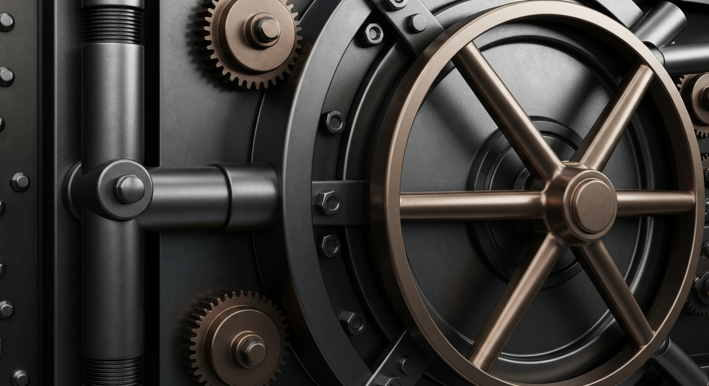 An extreme close-up of a complex bank vault mechanism, with heavy, industrial gears and levers in shades of steel grey, bronze, and black, conceptually representing the secure infrastructure of the financial system.