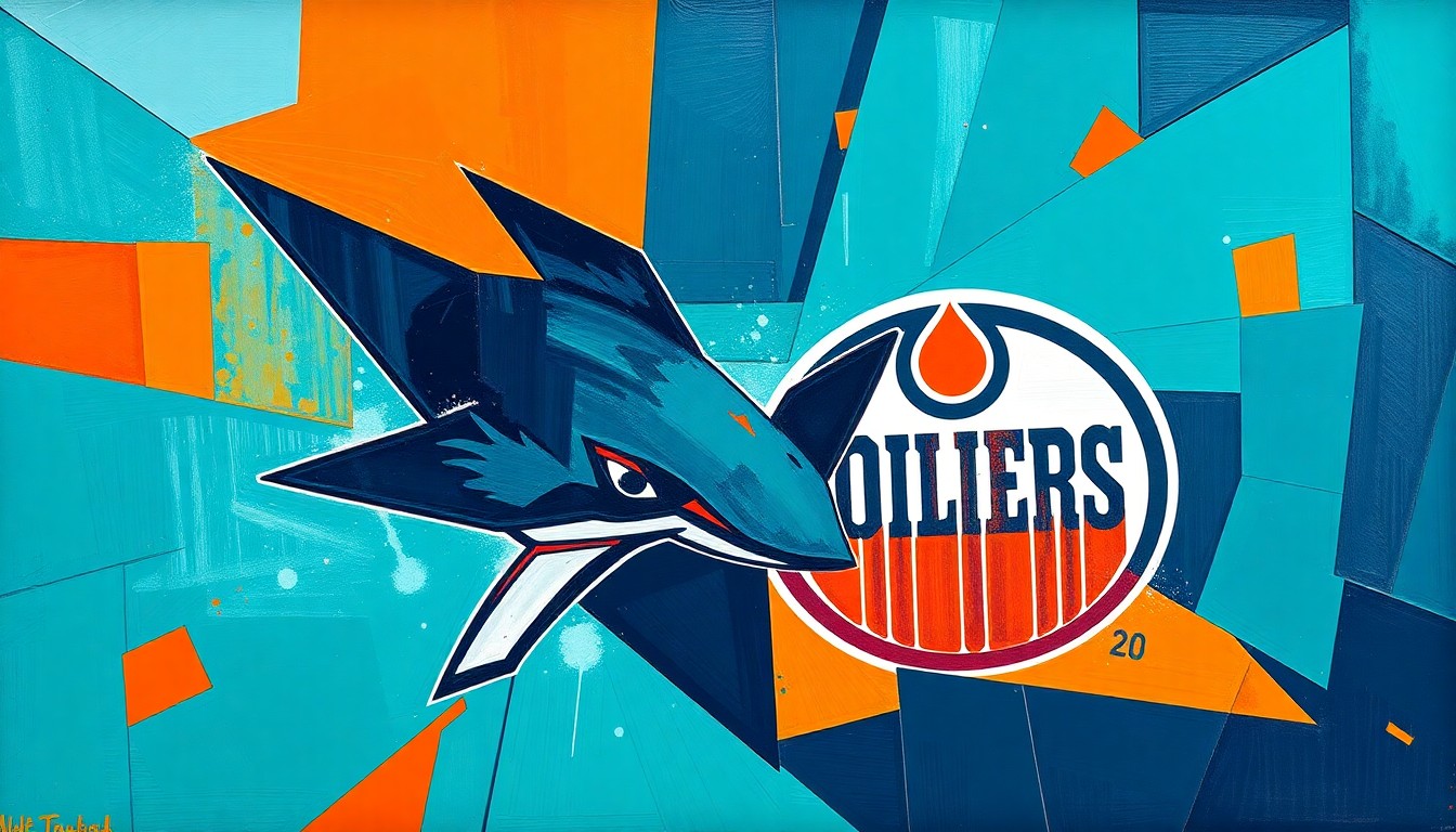 A fractured, geometric painting depicting a hockey game between the San Jose Sharks and Edmonton Oilers, with sharp, overlapping planes of teal, orange, and navy blue colors.
