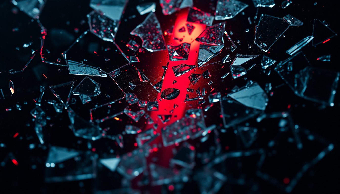 An abstract close-up photograph of shattered glass fragments reflecting a faint red light, conveying the gritty, high-stakes nature of a rap superstar's journey.