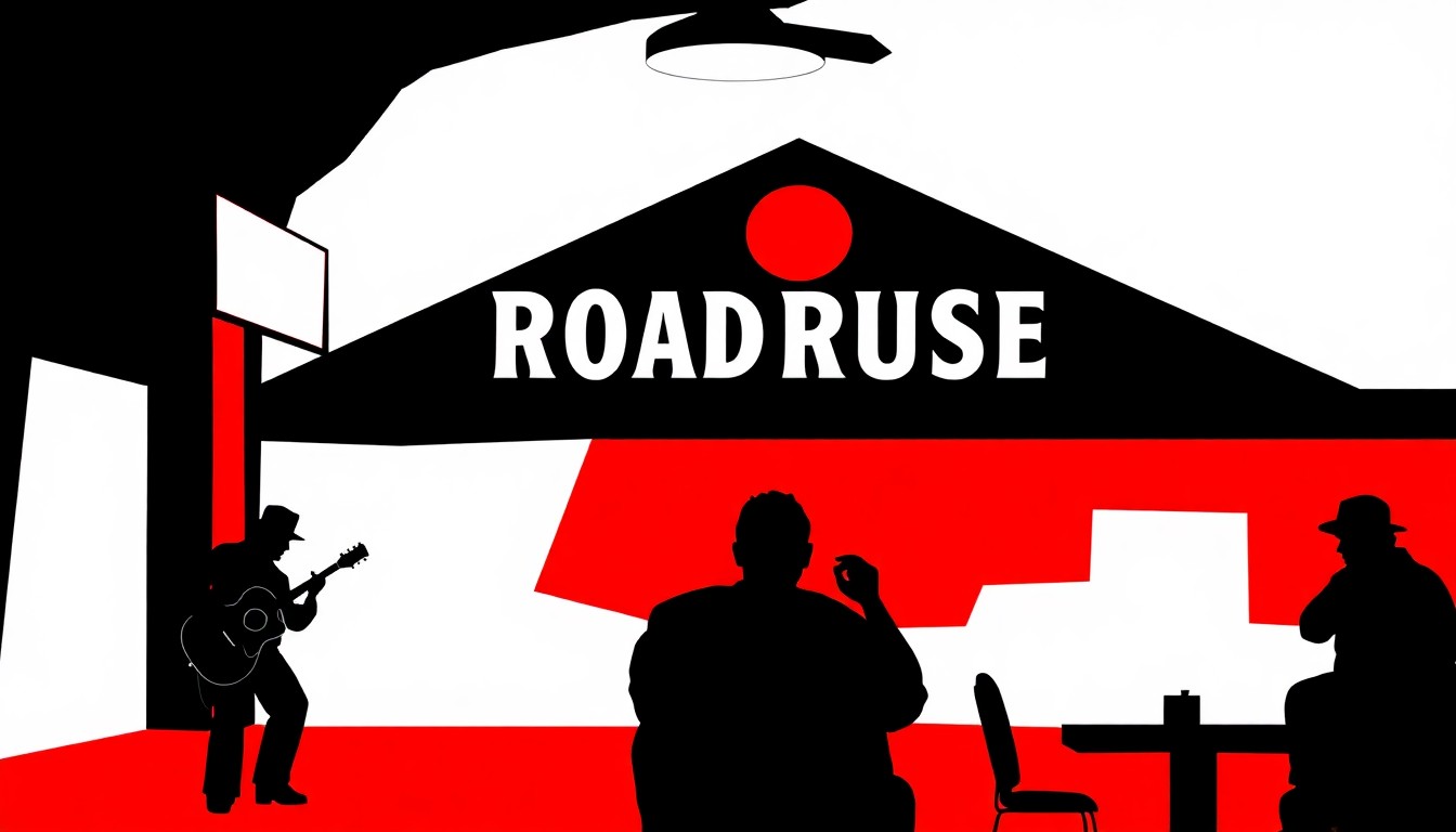 An abstract, minimalist illustration featuring bold, jagged geometric shapes in high-contrast red and white, conceptually representing the lively, Western-themed atmosphere of a Texas Roadhouse restaurant without the presence of live country music performers.