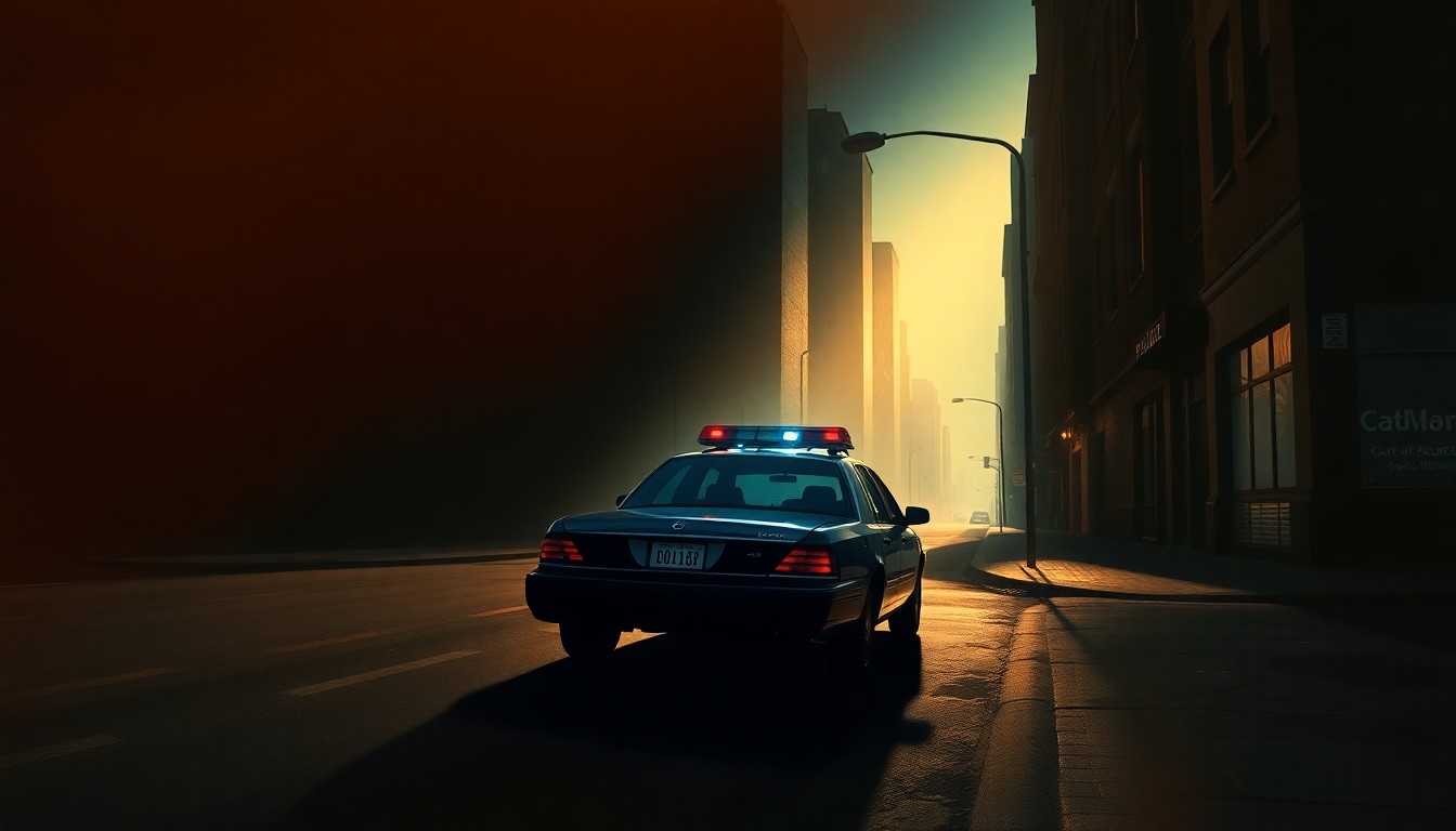 A serene, cinematic painting of a solitary police car parked on a dimly lit urban street, with warm sunlight casting long shadows across the scene, conveying a sense of quiet contemplation and the potential for change.