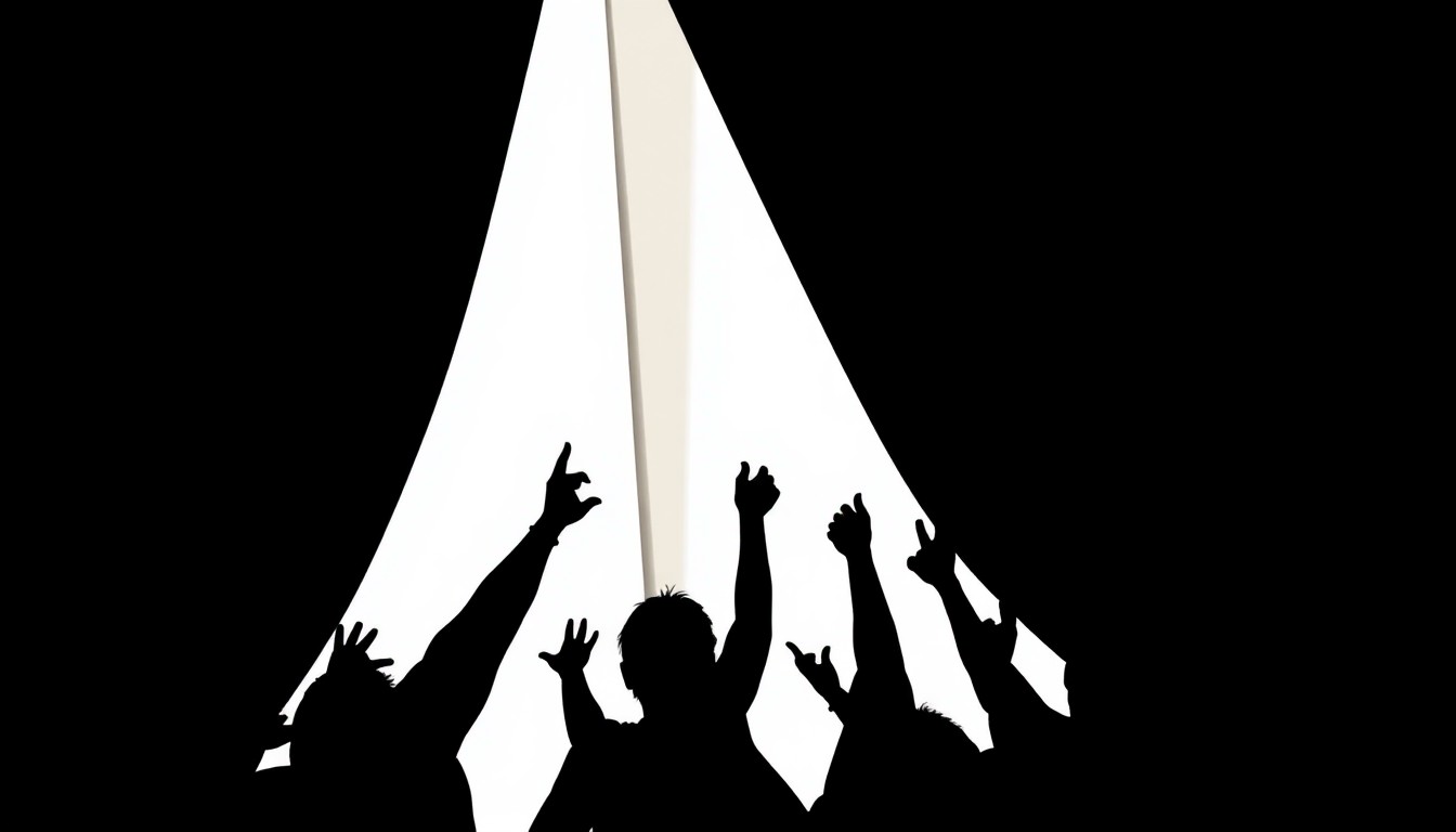 A striking, minimalist illustration featuring bold, geometric black shapes against a stark white background, capturing the dynamic energy of a live comedy performance.