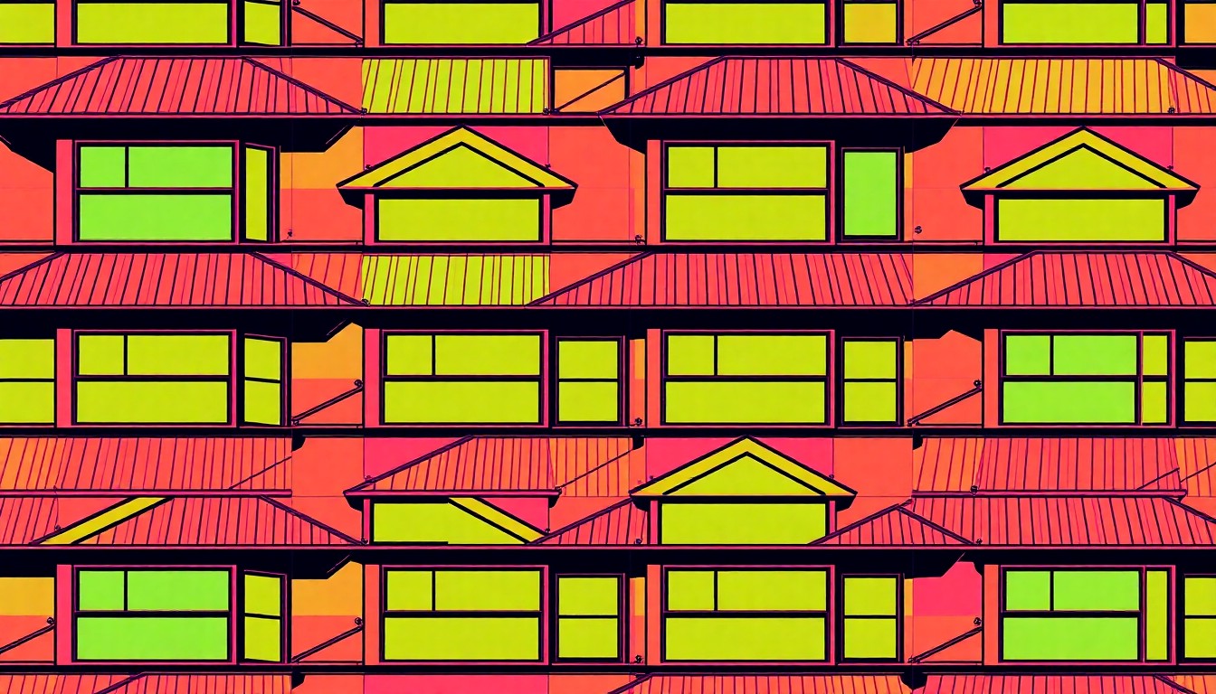 A brightly colored, high-contrast silkscreen print of a single, iconic luxury home exterior object repeated in a tight grid pattern, capturing the modern, energy-efficient features of the property.