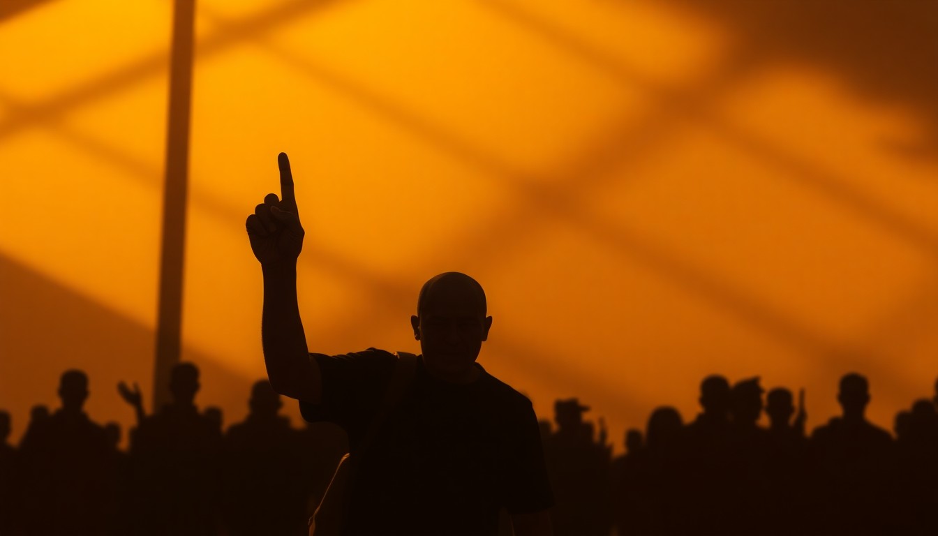 A solitary protester holding a peace sign, their figure illuminated by warm, diagonal sunlight against a backdrop of deep shadows, capturing the quiet, contemplative mood of the demonstration.