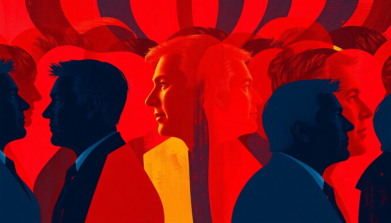 A dynamic, abstract painting featuring the overlapping, fractured silhouette of a politician in shades of red, blue, and gold, conveying the high-energy and partisan nature of the special election.