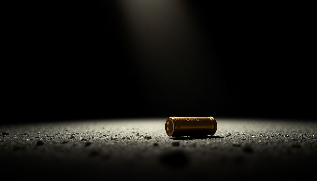 An extreme close-up photograph of a spent bullet casing on the ground, the harsh lighting and stark contrast creating a gritty, investigative aesthetic that conceptually represents the aftermath of a shooting incident.