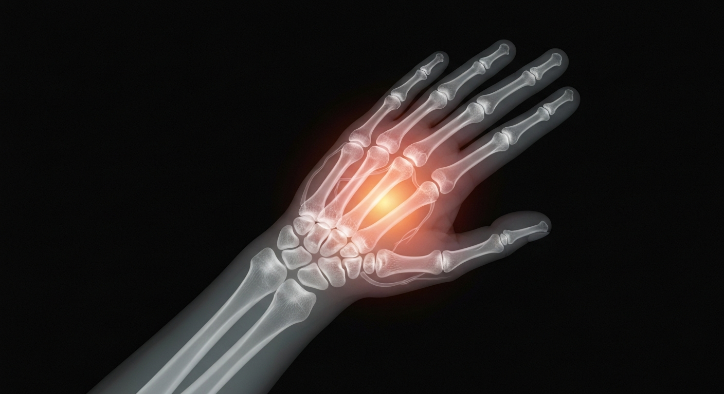 A translucent X-ray photograph showing the glowing internal structure of a human hand, conceptually representing the hidden health risks of intense UV radiation at high elevations.