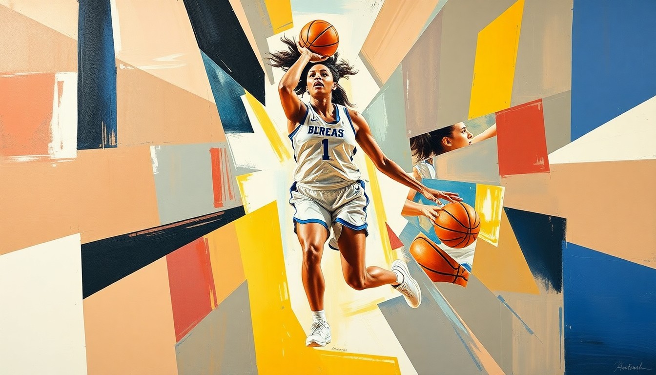 A cubist-style painting depicting a women's basketball player in mid-motion, broken down into sharp, overlapping geometric shapes and planes, conveying a sense of fragmentation and uncertainty.