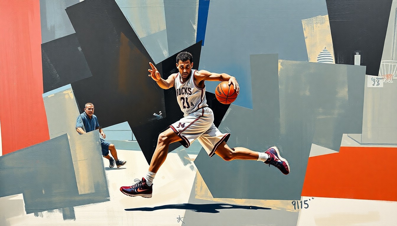 A fractured, cubist-style painting depicting the silhouette of a basketball player in motion, their form broken down into sharp, overlapping geometric shapes and planes in a dynamic, energetic composition.