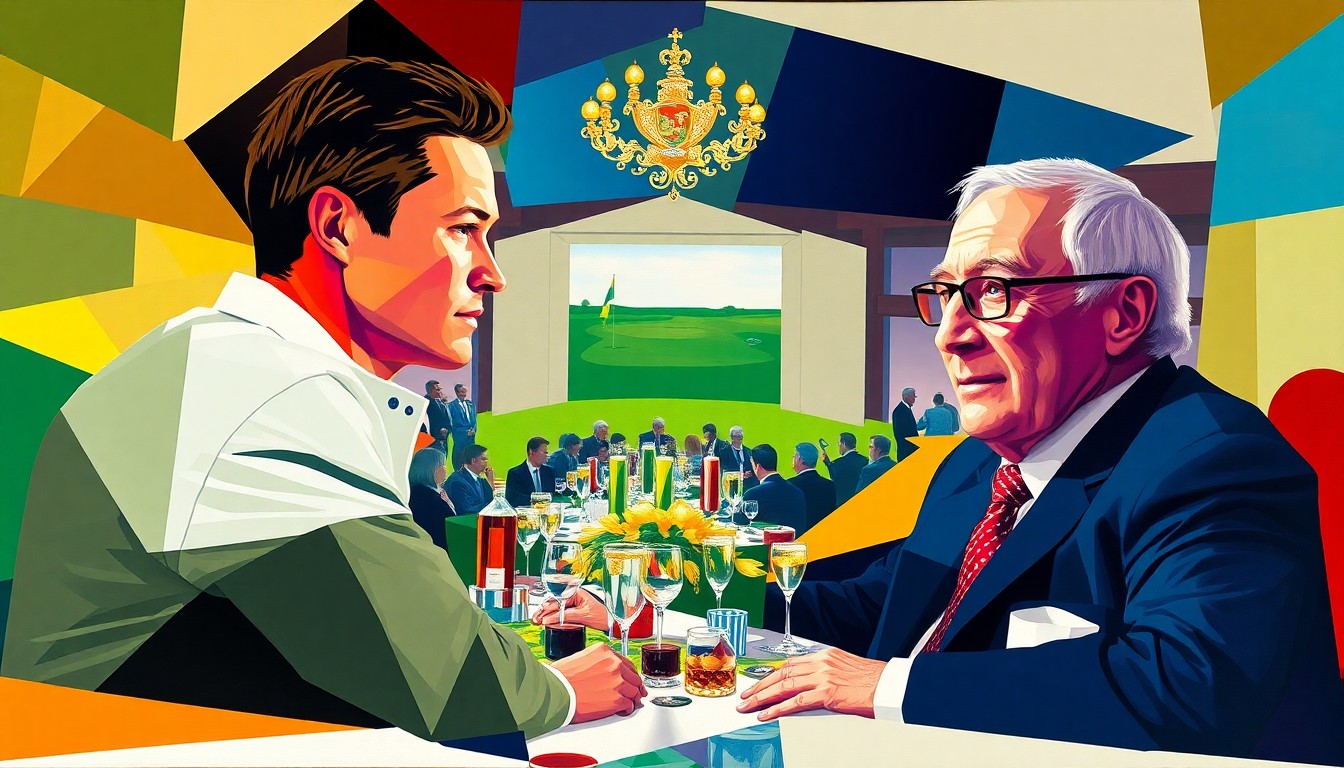 A cubist, geometric painting depicting the figures of Rory McIlroy, Fred Ridley, and Ben Crenshaw in an abstract, fragmented composition, capturing the energy and prestige of the exclusive Masters Champions Dinner event.