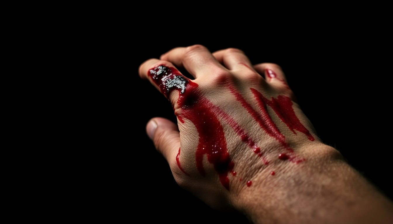 An extreme close-up photograph of a severely damaged and bloodied carpenter's hand, with deep gashes and exposed tendons, creating a stark, gritty, and investigative visual representation of the violent road rage incident.