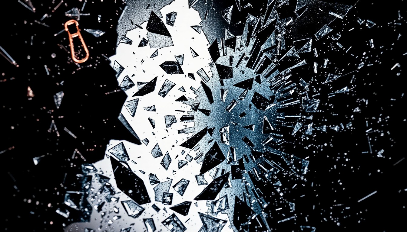 An extreme close-up of shattered glass and metal textures, captured in dramatic high-contrast studio lighting, conceptually representing the aftermath of a violent altercation between rap artists.