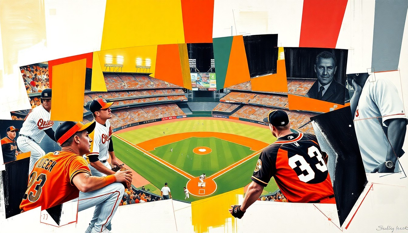 A fractured, multi-perspective painting breaking down a baseball game between the Orioles and White Sox into sharp, overlapping geometric planes of vibrant orange, black, and white colors, capturing the raw energy and movement of the sport.