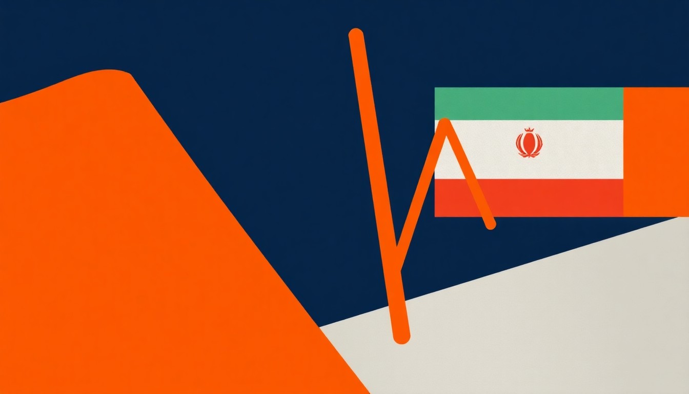 An abstract geometric illustration featuring overlapping triangles and circles in shades of navy blue, orange, and metallic silver, conceptually representing the volatility in oil prices and stock market indices during the U.S.-Iran ceasefire.