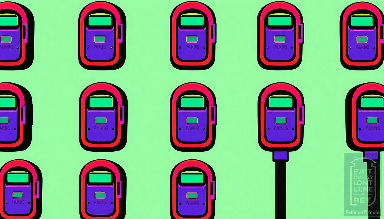 A boldly colored, abstract grid of stylized parking meter icons in bright neon hues, conceptually representing the divisive rollout of paid parking in urban communities.