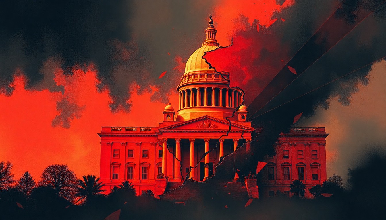 A fractured, abstract painting in shades of red, orange, and black, depicting a crumbling government building or political symbol, conveying a sense of instability and conflict.