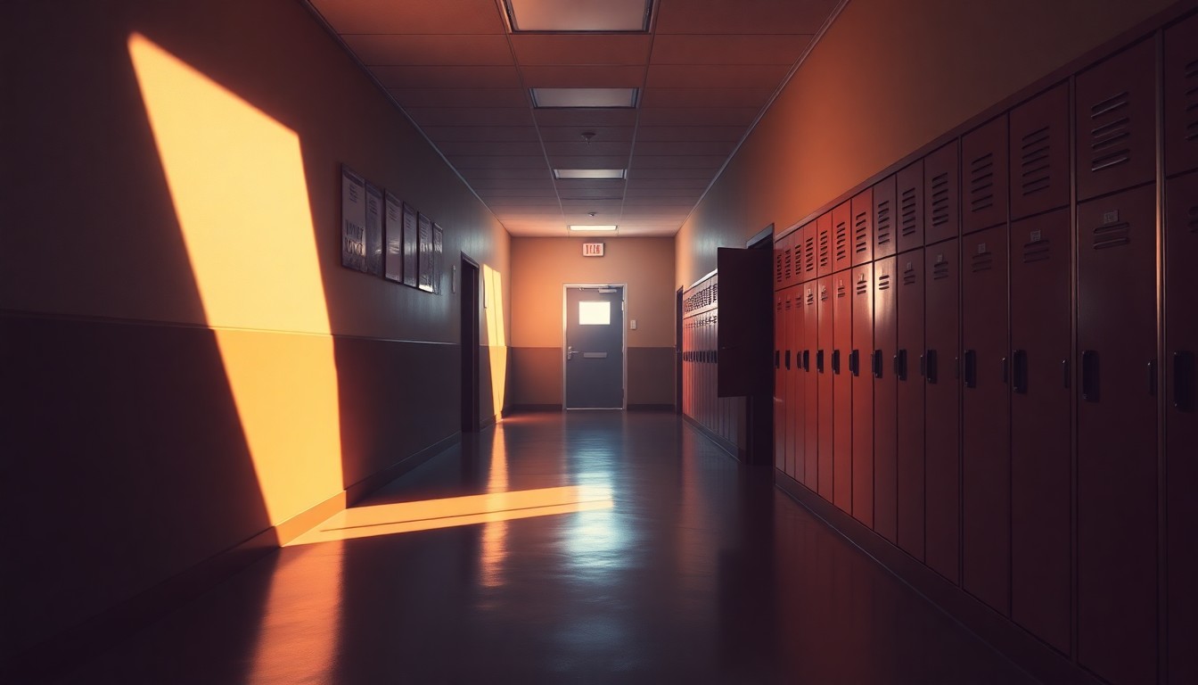 A serene, photorealistic painting of an empty school hallway with warm, golden light streaming through windows and casting deep shadows, conveying a sense of quiet contemplation about the impact of policy changes on transgender students.
