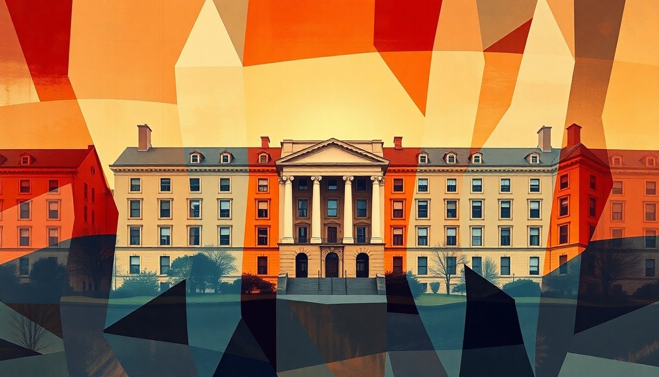 A fractured, abstract painting depicting a university campus building in overlapping geometric shapes and waves of warm and cool colors, conveying a sense of political disruption and instability.