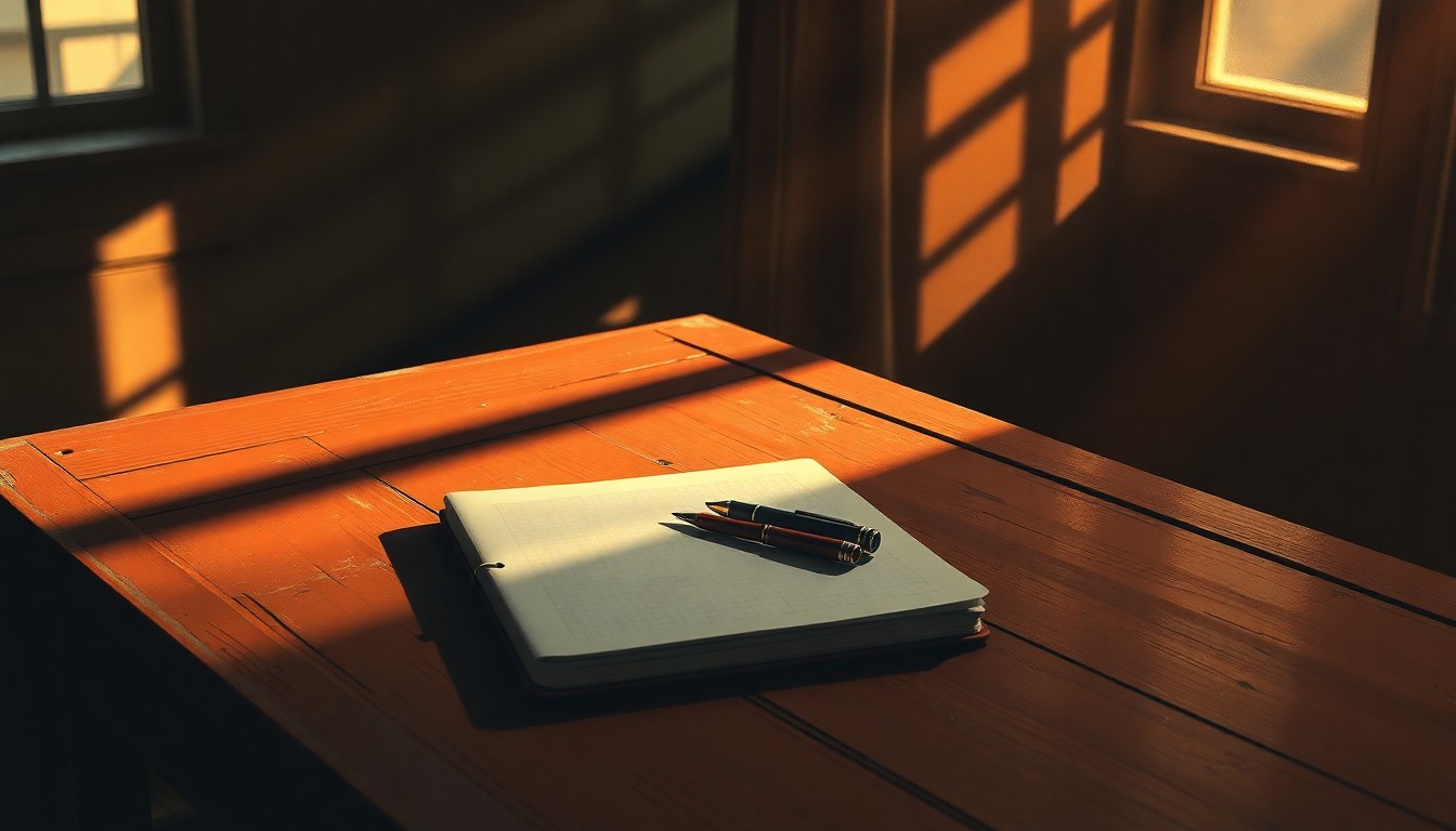 A serene, cinematic painting of a journalist's notebook and pen on a wooden table, the scene suffused with warm light and deep shadows, conveying a sense of quiet contemplation and the risks of international reporting.