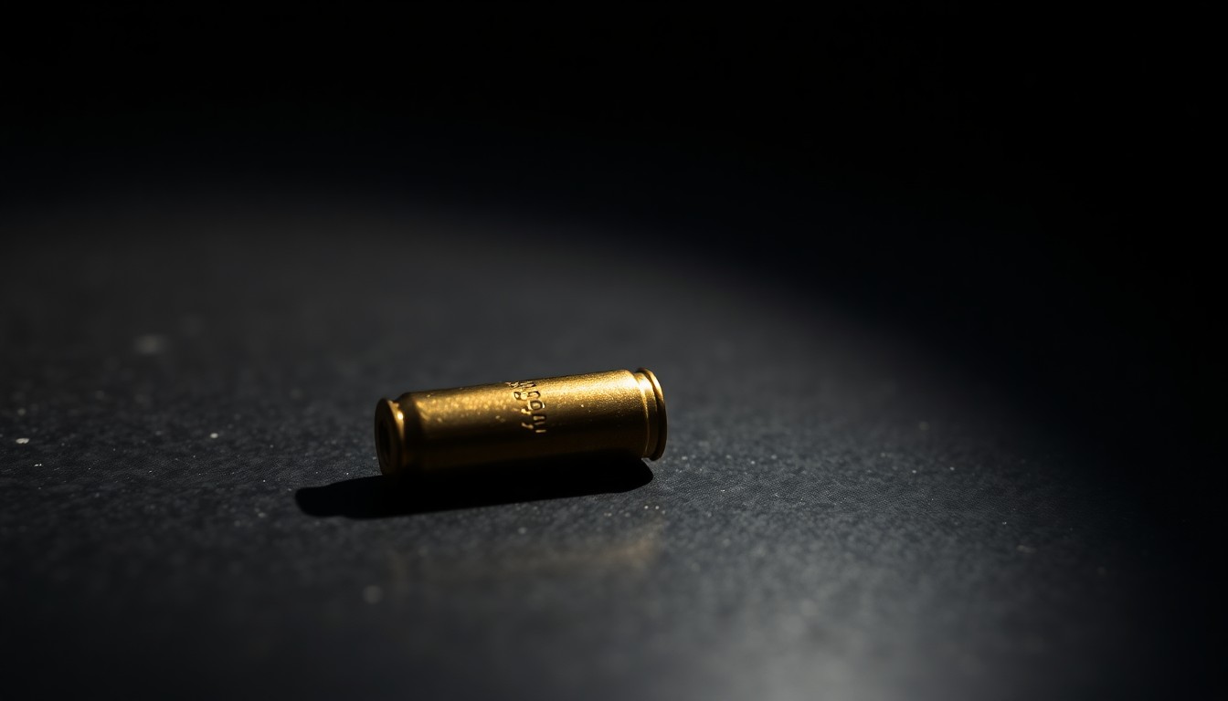 An extreme close-up of a single spent bullet casing on a dark, shadowy surface, lit by a harsh, direct camera flash, conceptually illustrating the violence of a domestic dispute.