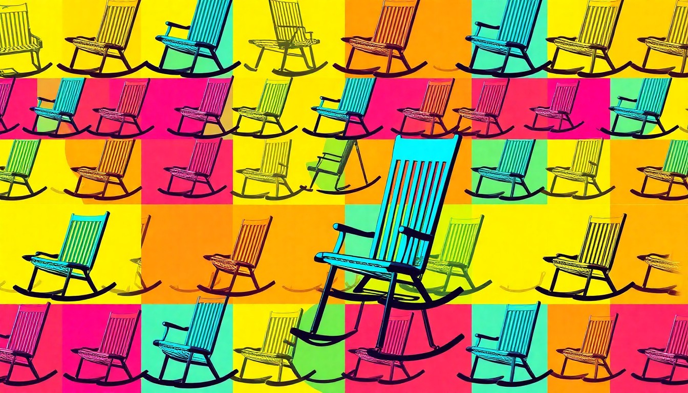 A brightly colored, high-contrast silkscreen print of a rocking chair repeated in a tight grid pattern, capturing the peaceful, lifestyle-focused nature of this unique property.