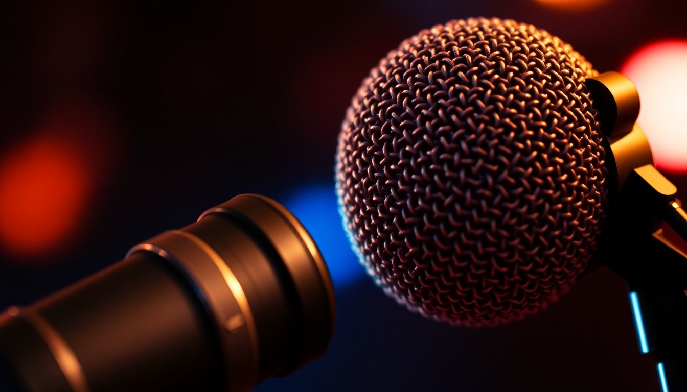 An extreme close-up photograph of a vintage microphone with a rich, velvety texture, conveying the warm, intimate atmosphere of a live music performance.