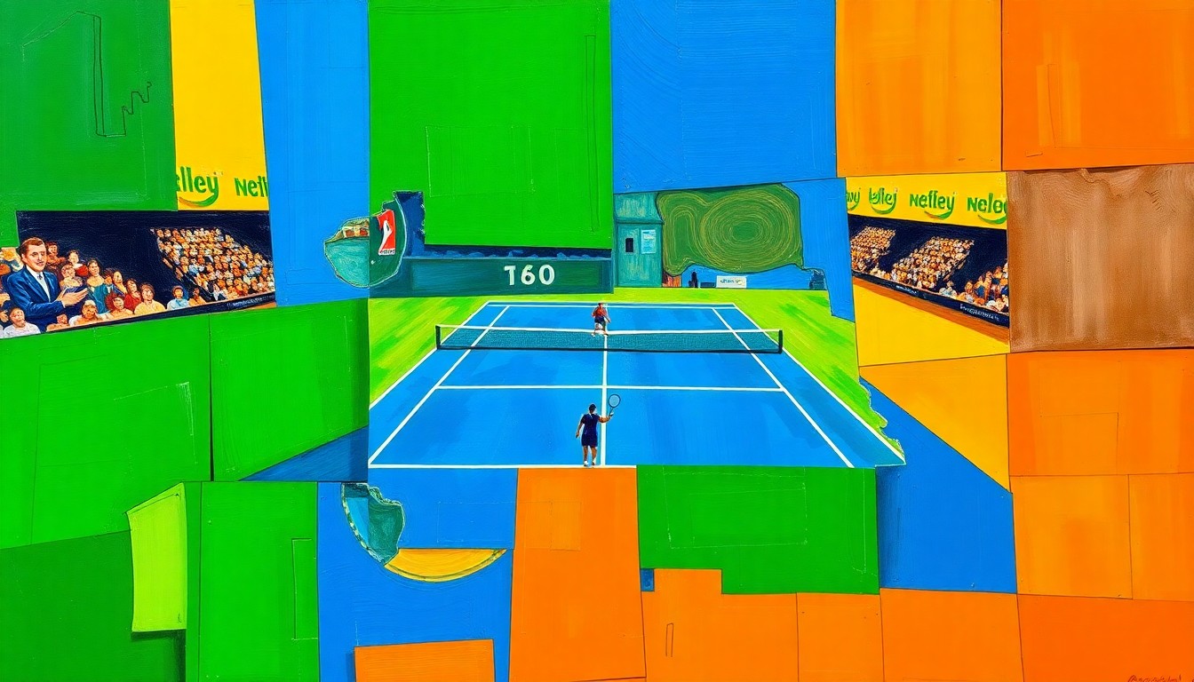A fragmented, geometric painting in shades of green, blue, and orange, depicting the dynamic action and competitive energy of a tennis match.