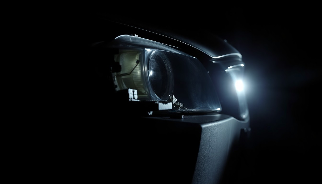 An extreme close-up of a damaged car part or piece of physical evidence from the crash scene, reflecting the stark, gritty aesthetic of Weegee's investigative photography and conceptually illustrating the serious nature of the vehicular homicide case.