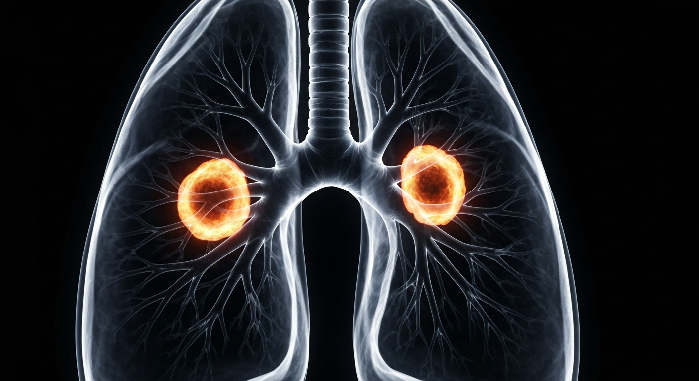 A translucent, ghostly X-ray image of a human lung, revealing the internal structures affected by tuberculosis, against a dark background.