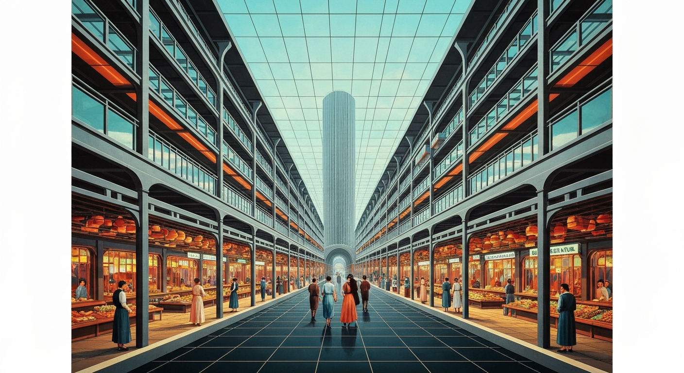 A bold, geometric illustration in the Art Deco style, depicting the grand scale and bustling atmosphere of the Green Dragon Market, with sweeping gradients, towering perspectives, and sleek, streamlined forms capturing the essence of this beloved community gathering place.
