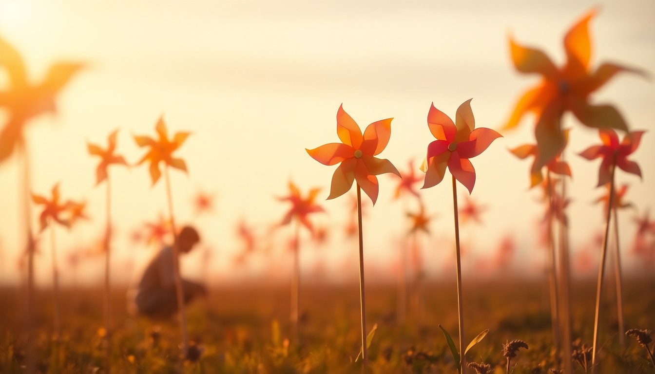 An extremely abstracted, out-of-focus photograph of several pinwheels spinning in the wind, with blurred figures in the background kneeling to plant them in the ground. The image is composed of soft, warm pools of light and color, evoking a sense of whimsy and resilience.