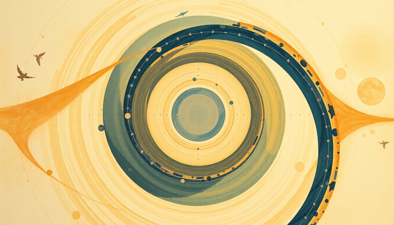 A highly structured abstract painting in earthy tones, featuring sweeping geometric arcs, concentric circles, and precise botanical spirals, conceptually representing the complex forces and systems involved in the Artemis II mission to the Moon.