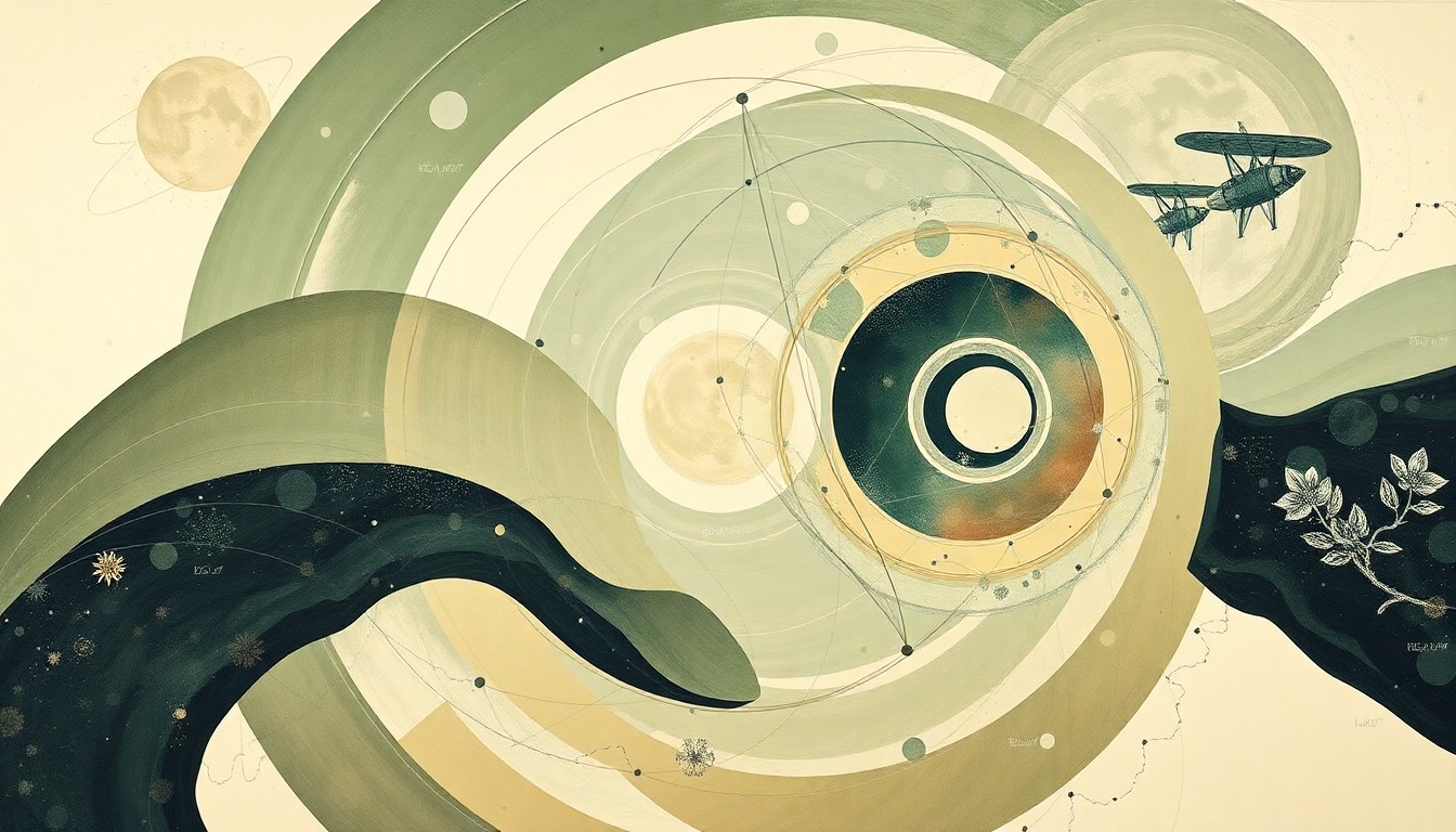 A bold, abstract painting featuring sweeping geometric arcs, concentric circles, and precise spirals in earthy tones of green, brown, and blue, conceptually representing the complex systems and forces involved in the Artemis II mission to the moon.