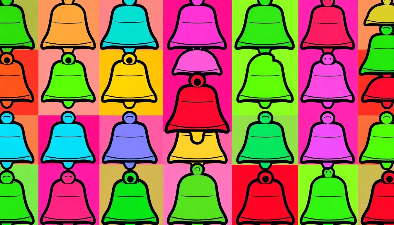 A brightly colored, high-contrast silkscreen print of a school bell icon repeated in a tight grid pattern, capturing the vibrant energy and modernist style of the school district's leadership transition.