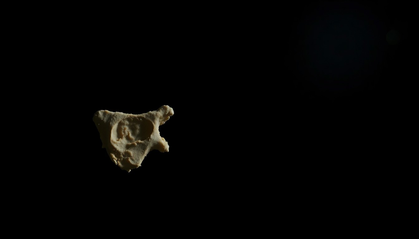 An extreme close-up photograph of a weathered bone fragment or tattered fabric, dramatically lit by a harsh camera flash against a pitch-black background, conveying the gritty, investigative nature of this long-unsolved mystery.