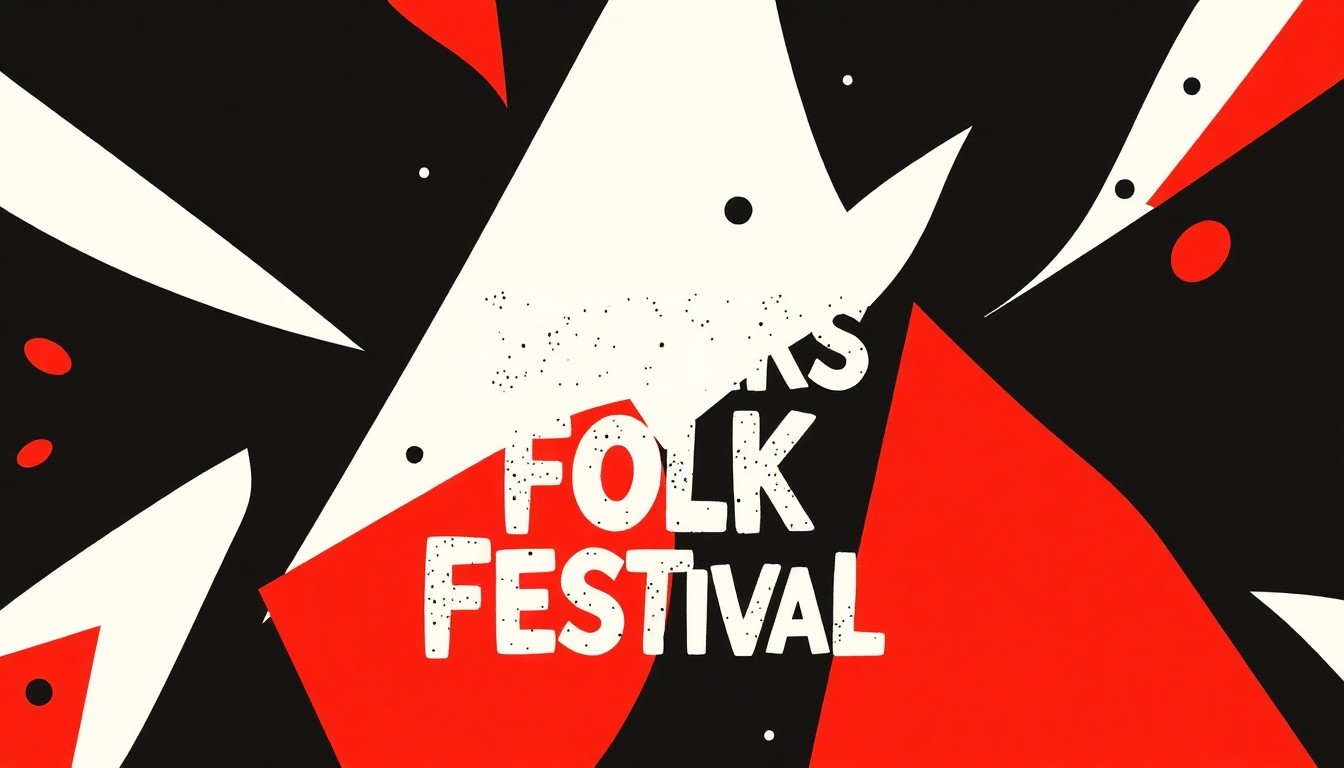 An abstract, minimalist illustration featuring bold, jagged shapes in black, white, and red, capturing the eclectic spirit of the Sisters Folk Festival's musical lineup.